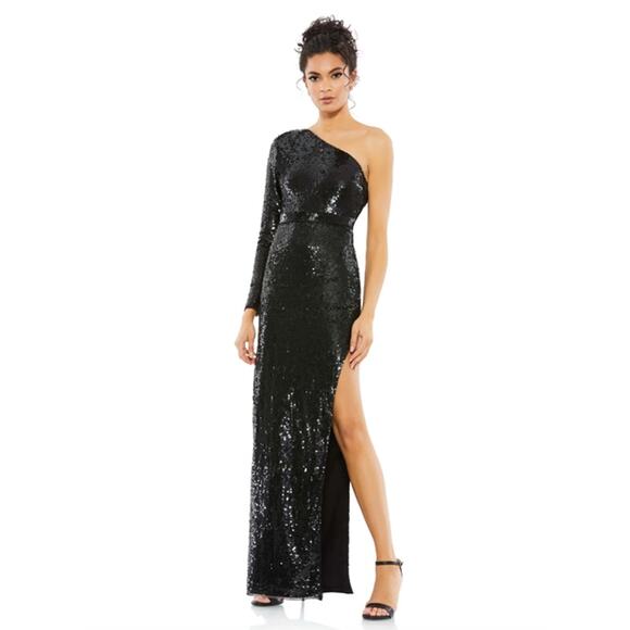 MAC DUGGAL Dress Size 10 Evening Gown Sequin Black One Shoulder NEW Sheath - Picture 1 of 8